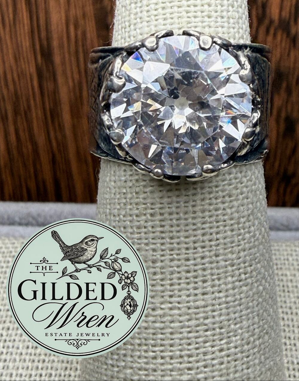 Vintage 925 Silver 12mm CZ Ring Wide Textured Statement Band Sz 6.5 7.19g